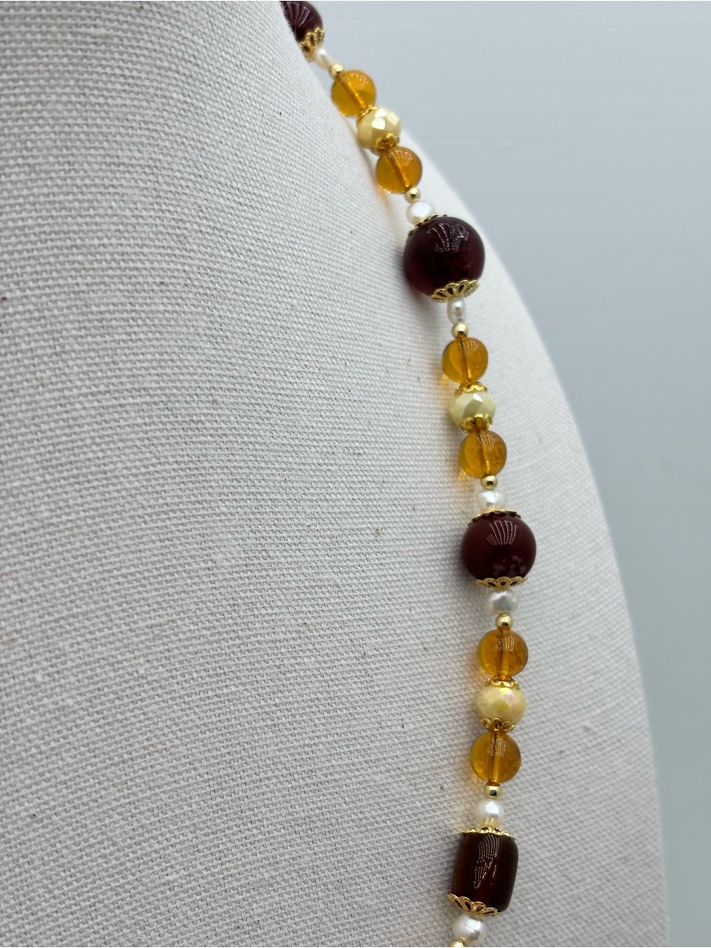 Carnelian, brown and amber glass beads. Accented Yellow AB Crystal and Pearls. - Picture 4 of 5